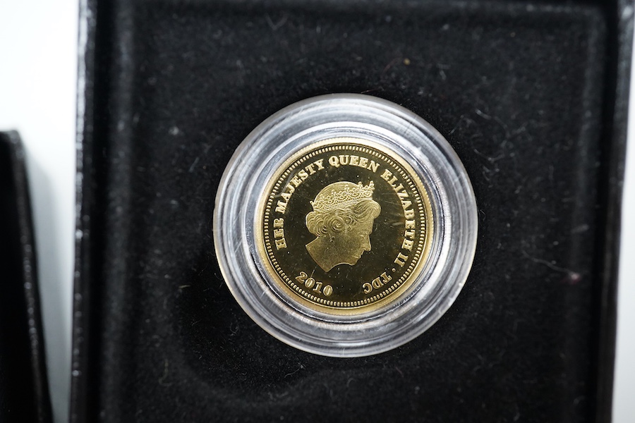 Gold coins, Elizabeth II;, Ascension Island, 1/5 sovereign, 2013, Tristan de Cunha, six gold half crowns (2009 x 4 and 2010 x 2), and a quarter sovereign, 2016, British virgin islands gold $3, 2013, Isle of Man gold 1/5